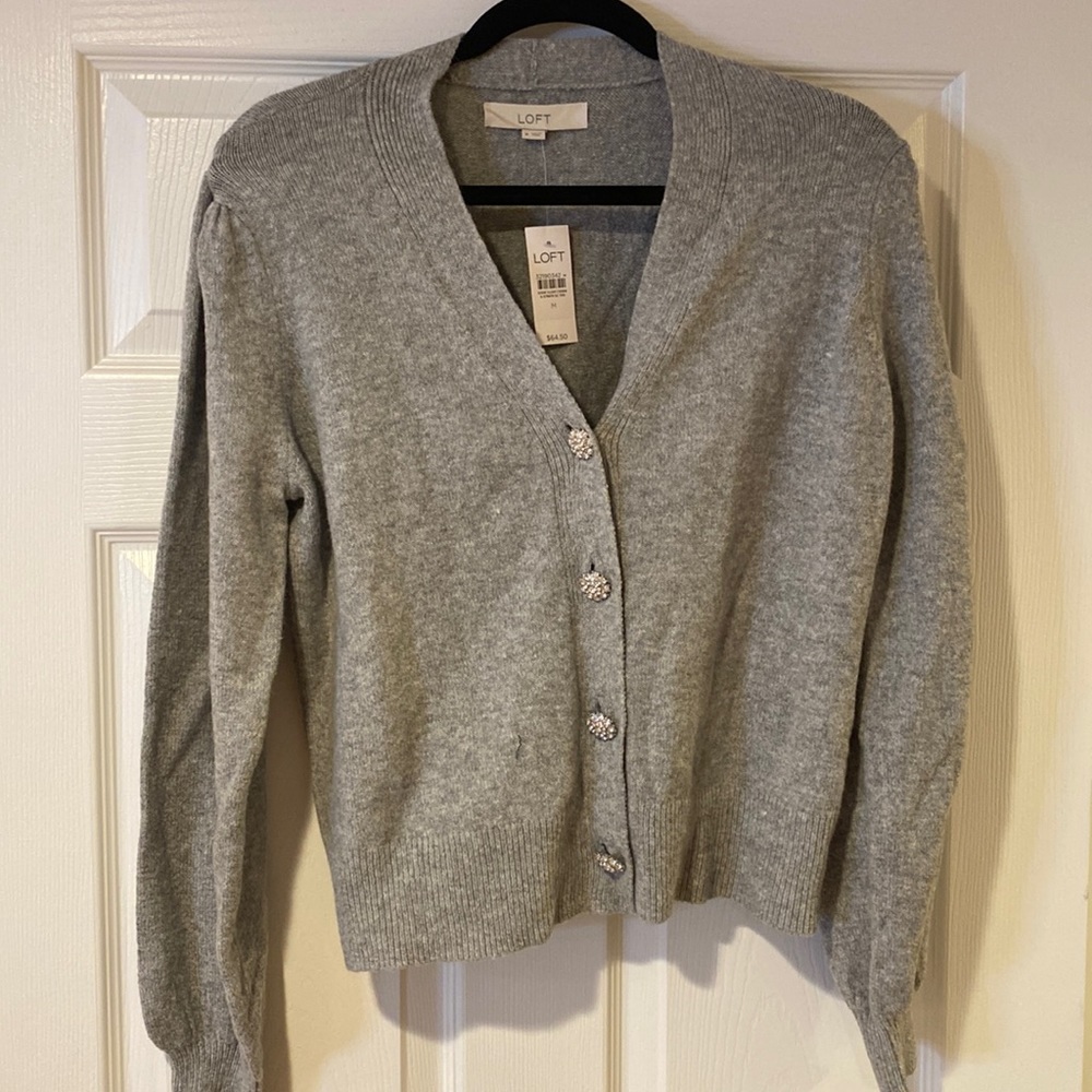 Grey LOFT sweater with rhinestone buttons